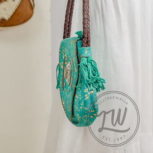 LW Bronze Cow Leather Fringe Handbag Turquoise Stone Embellished Country Western Cowgirl Gypsy Style Bag - Product Image 3