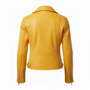 Chaqueta de Motociclista de Cuero Amarillo de Alta Calidad para Mujer, Personalizada, al por Mayor, Precio de Fábrica, Estilo Motero Genuino, Abrigo para Dama, Suministro OEM - Product Image 3
