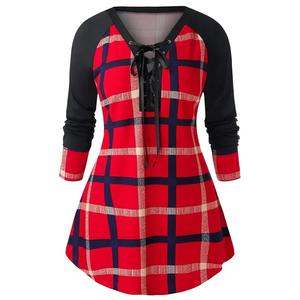 Camiseta larga holgada de gran descuento para mujer, camiseta informal a cuadros para mujer, ropa para mujer, camisetas - Product Image 1