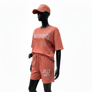 High Quality Cotton Rich <b>Women</b> <b>Shirt</b> <b>And</b> <b>Short</b> <b>Set</b> Smooth Fabric Solid Color Crystal HeatPress Logo 100% Cotton <b>T</b>-<b>Shirt</b> & <b>Shorts</b> - Product Image 4