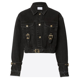 Chaqueta vaquera negra informal para mujer con puños de botón y bolsillos laterales para uso diario - Product Image 1