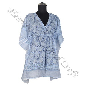 100% algodón de calidad Premium bloque de mano estampado Kaftan vestido KFCS021 peso ligero mujeres Casual ocasión desgaste corto caftán vestido - Product Image 3