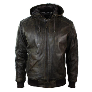 Blouson Bomber en Cuir Véritable pour Homme avec Capuche Amovible, Style Usé, Veste de Motard, Prix de Gros, OEM - Product Image 1