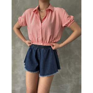 Topshow Women's Orange Plaid <b>Elastic</b> <b>Waistband</b> Shirts Wholesale Blouses & Shirts - Product Image 2