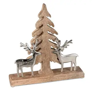 Small Tree On Wood Base with 2 Aluminum Metal deer Silver Color Christmas Decoration Sculpture Handmade Customized