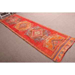 3x10.4 ft Vintage Rug, Turkish <b>Runner</b> Rug, <b>Red</b> Orange Animal Print Rug - Product Image 3