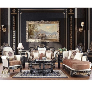 Juego de sofá victoriano negro y dorado para sala de estar, juego de sofá de diseño antiguo con reflejos dorados, juego de sofá Vintage de 7 plazas en madera de teca - Product Image 1