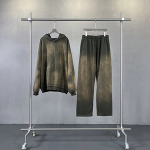 Logotipo personalizado de alta calidad Invierno 380 Gsm Hombres Chándal Lavado con ácido y sol desteñido Spray Sudadera con capucha y Joggers Chándal Fet para hombres - Product Image 5