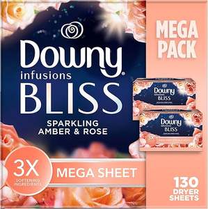 Toallitas Secantes Mega Dryer Sheets de Downy, Suavizante de Telas para Lavandería, Aroma BLISS, Ámbar y Rosa, 130 Unidades - Product Image 2