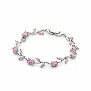 Pulsera de Lujo con Cristales Rosados y Diseño Floral para Mujer, Bañada en Plata con Piedras de Circonia Cúbica - Product Image 1