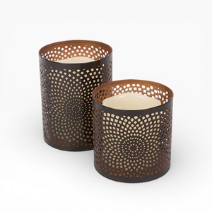 <b>Tall</b> Black Metal <b>Lantern</b> Style Votives Candle Holder With Circular Geometric Cutwork And Handle - Product Image 2