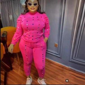 Pulls en tricot à perles de couleur arc-en-ciel, sweat-shirts en cristal avec strass, pantalons à paillettes, ensemble de survêtement d'hiver 2 pièces personnalisable - Product Image 5