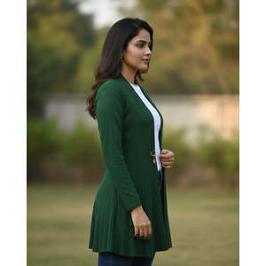 Winter Woolen Long <b>Knitted</b> <b>Shrug</b>-Bottle Green with Print Patchwork & Lace - Product Image 3