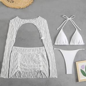 Nouveau maillot de bain quatre pièces de <span class=keywords><strong>plage</strong></span> de couleur unie filles Bikini en maille avec logo personnalisé vente en gros de maillots de bain à lanières en élasthanne/nylon - Product Image 2