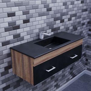 <b>Black</b> and Wood Bathroom Vanity Two Tone Vanity <b>Cabinet</b> Matt <b>Black</b> Membrane Doors Modern Bathroom - Product Image 1