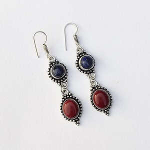 Red Coral & Lapis Lazuli Multi Stone Earrings 925 Silver Plated Ear Wire Handmade Boho Crystal Jewelry Gift for Her - Product Image 3