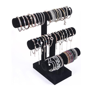 Superior mejor calidad nueva llegada madera Metal joyería T forma 3 niveles soporte terciopelo negro acabado tamaño personalizado Mesa uso Deco - Product Image 1