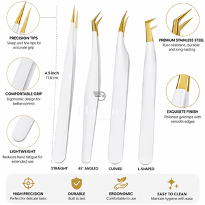 Ensemble de pinces à épiler pour sourcils de qualité supérieure, 4 pièces, pinces de précision en acier inoxydable, or blanc, pointues, courbées, kit d'outils de beauté - Product Image 2