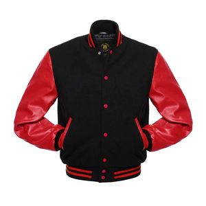 Veste bomber à manches en cuir rouge écarlate - corps noir, veste de baseball, veste universitaire en cuir - Product Image 1