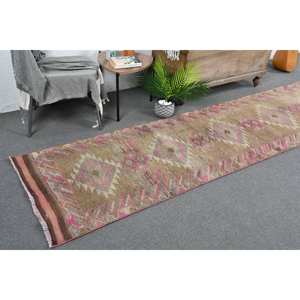 Alfombra turca Vintage de 2,6x11,8 pies, área grande, marrón, rosa, diseño de retazos, Material de lana, respaldo de látex, pasillo rectangular abstracto - Product Image 1