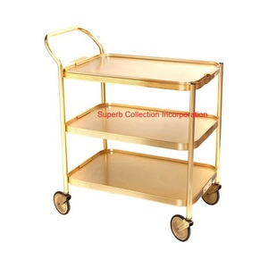 Luxury Gold <b>Metal</b> Bar Cart With Tempered Glass Shelves & Rolling <b>Casters</b> Modern Mobile Serving Trolley For Hotel & Restaurant - Product Image 5