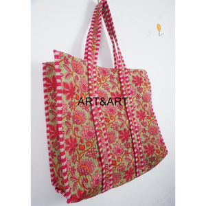 Bolso de compras de playa ligero de algodón Floral ecológico bolso de mano acolchado con estampado de bloques hecho a mano con bolsillo interior práctico - Product Image 4