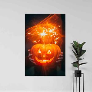 Tableau imprimé sur toile : Décoration murale en verre avec citrouille d'Halloween - Décoration moderne pour la maison, TOILE ENVELOPPÉE - Product Image 1