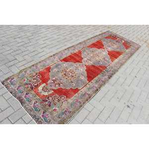 Tapis turc vintage, tapis de 3,4 x 10,4 pieds, tapis Ikat rouge et gris - Product Image 2