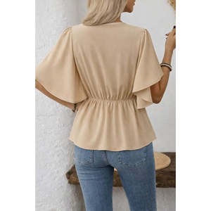 Blusa de Crepé Importada con Botones Delanteros y Manga Corta para Mujer, 37537 - Beige - Product Image 4