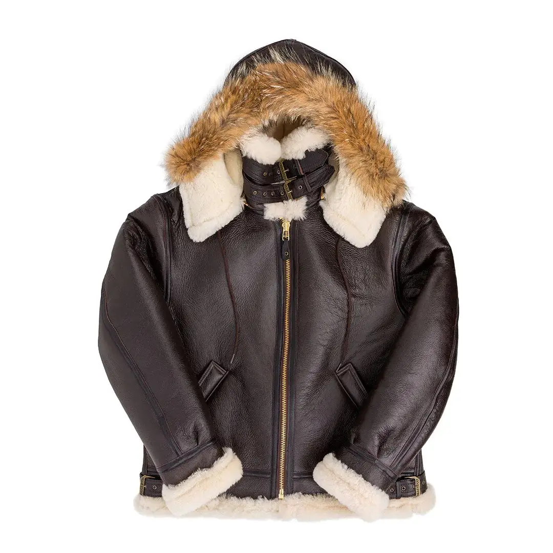 Men's B3 Bomber Sheepskin Shearling Removable Hooded Leather Aviator Flying jacket