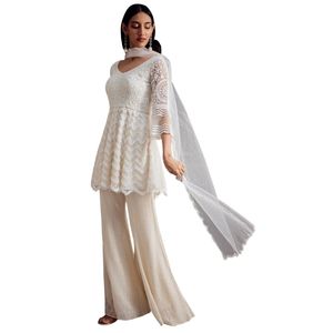 Bianco ricamato peplo Kurta con Palazzo e rete Dupatta all'ingrosso donna abbigliamento etnico OEM fornitore di abbigliamento personalizzato - Product Image 3