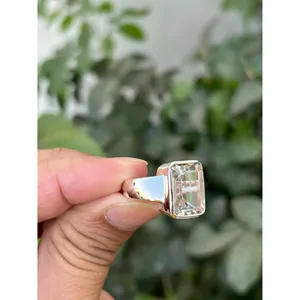 925 Silver Fine Jewelry <b>Ring</b> with Natural Emerald Cut <b>Crystal</b> Quartz Rhodium Plated Geometric Pattern for Engagement - Product Image 2