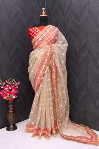 Sari indio premium exclusivo de organza de seda pesada con bordado Zari, diseño elegante para novias y bodas, para mujeres. - Product Image 5