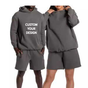 Sudadera de algodón 100% con punto de contraste personalizado, chándal de dos piezas de gran tamaño para hombre, Sudadera con capucha y pantalones cortos estampados, conjunto de pistas para hombre - Product Image 3