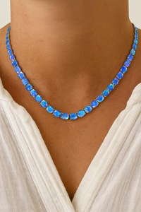 Collar de Tenis con Gema Ovalada de Ópalo Etíope Azul Genuino, Plata de Ley 925, Chapado en Oro de 14k, Certificado IGI, para Niños y Mamá - Product Image 3