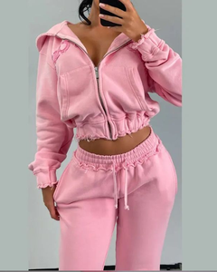 Custom Distressed Embroidery Zip-up Hoodies Jogger Set <b>Men's</b> Short <b>Tops</b> Winter Fleece 100% Cotton Street Wear Two-Piece - Product Image 4