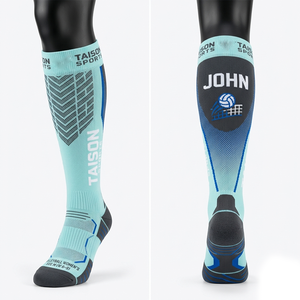 Women Volleyball <b>Socks</b> Premium Quality <b>Polyester</b> Nylon Spandex Blend GSM Breathable Grey Blue Panel Design Custom Jacquard Logo - Product Image 5