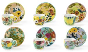 Durable Porcelain Set 6-pcs Round Multicolor Espresso Coffee Cups with Saucers 9 cl (3 oz) Decal Flower Design Excelsa - Product Image 2