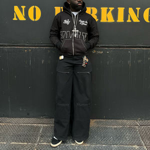 Sweats à capuche personnalisés en strass délavés à l'acide pour hommes patch de broderie logo French Terry Streetwear Vintage Distressed Zip up Hoodies - Product Image 3