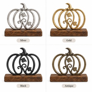 Objeto Decorativo de Calabaza Plateada sobre Base de Madera, Decoración Rústica de Otoño para Mesa, Adorno de Halloween - Product Image 3