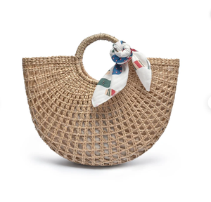 Bolso Grande de Paja Tejida Estilo Boho Artístico con Margaritas Blancas de Ganchillo y Macramé - Product Image 1