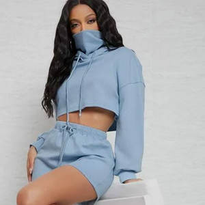 Women's Custom Logo 2-Piece Sportswear Set New Design <b>High</b> Waist Crop Top Shorts Pullover Hoodie Solid Streetwear Full Sleeves - Product Image 6