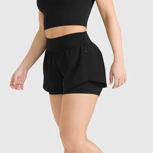 Pantalones cortos negros 2 en 1 para correr con logotipo personalizado para mujer, pantalones cortos elásticos de cintura alta y doble capa para mujer, pantalones cortos de gimnasio - Product Image 3