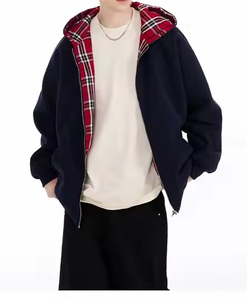 Zipper Plaid <b>Jacket</b> <b>Men</b> Boxy Heavyweight Drop Shoulder Striped Double Layer Reversible <b>Flannel</b> Hoodie - Product Image 3