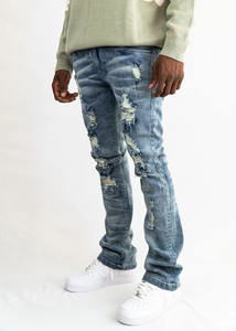 High Quality Custom High Street Wear Patchwork Denim Jeans <b>Men</b> <b>Baggy</b> Flared Jeans Pants - Product Image 2