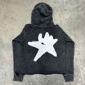 Pull à capuche pour hommes du fabricant de vêtements d'usine 100% coton Vintage Sun Faded Acid Wash Lettre brodée Distressed Zip - Product Image 3