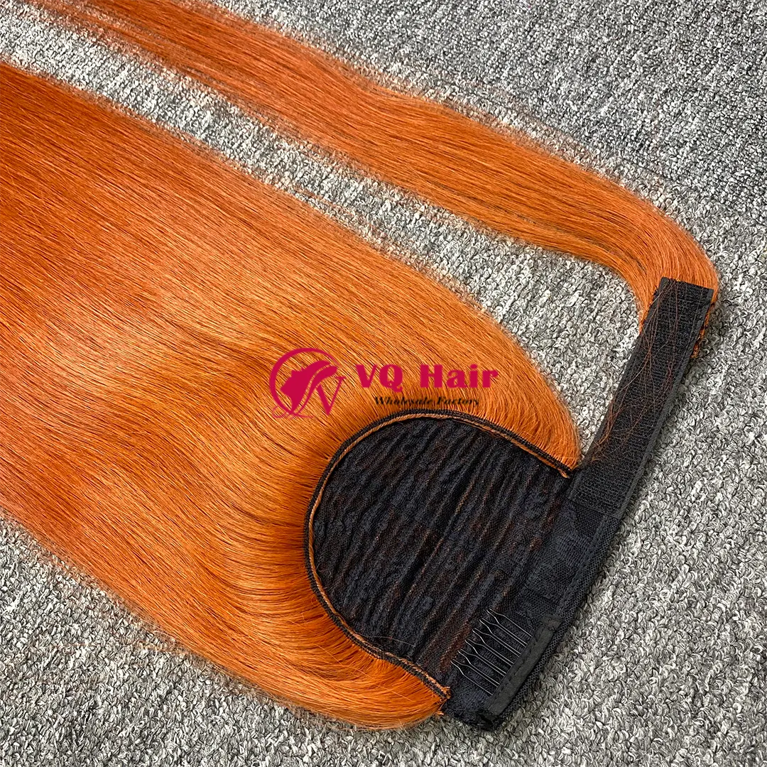 Ekstensi rambut manusia ekor kuda asli, ekstensi rambut manusia Vietnam Virgin asli, rajutan cepat setengah panjang, lurus alami