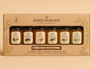 <b>Honey</b> Harvest Premium Infused <b>Honey</b> Tasting Set 6 X 30g Ginger Cardamom Vanilla 24 Months Shelf Life Madagascar Golden Mason Jar - Product Image 1
