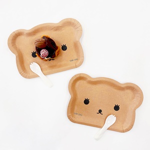 Ensemble d'assiettes à gâteau jetables en papier à thème ours de dessin animé avec 5 assiettes, fourchettes et plateau pour les fêtes - Product Image 1