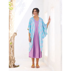 Kimono para Mujer, Color Azul Claro, Estampado Floral Rosa, Transpirable, de Algodón, Manga Larga, para Uso Diario en Todas las Estaciones - Product Image 1